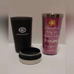 Plastic Travel Cup with Metal Liner, Lid, and a Slide On Leather Sleeve 12 oz